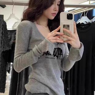 美式灰色内搭针织衫秋季超火潮流chic低领修身长袖t恤上衣ins女生