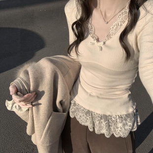 纯欲蝴蝶结设计感长袖t恤女秋冬季bm风蕾丝花边修身内搭保暖上衣