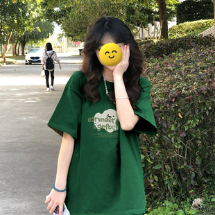 印花正肩纯棉短袖 t恤上衣女生 小众不撞款 墨绿色显白宽松体恤夏季