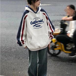 宽松休闲风连帽加绒加厚外套秋冬 小众不撞款 流行美式 撞色卫衣女款
