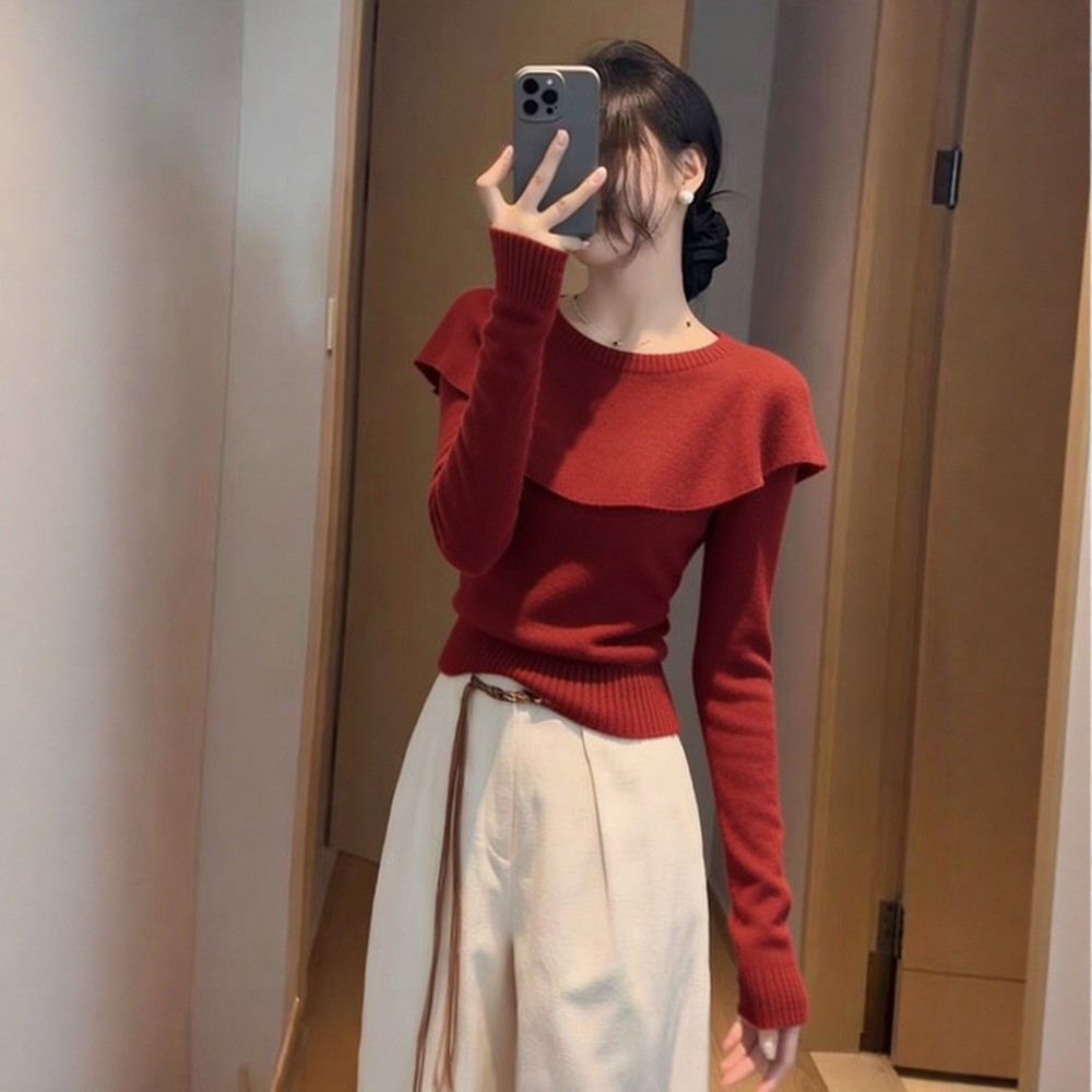 红色荷叶边小斗篷针织衫女秋冬修身长袖毛衣上衣新年穿搭气质显瘦