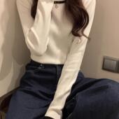 女生秋冬设计感小众白色正肩t恤长袖 打底衫 小上衣ins 新款 2026秋季