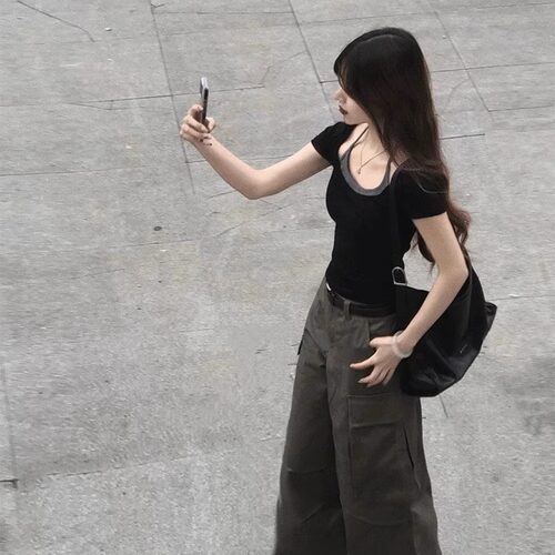 美式黑色假两件短袖t恤女夏季