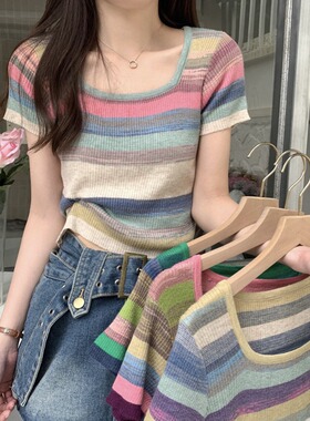 彩虹条纹方领短袖t恤女正肩夏季2026新款冰丝针织短款上衣超好看