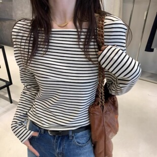 韩系高级感条纹显瘦方领长袖t恤女秋季修身小众设计感不规则上衣