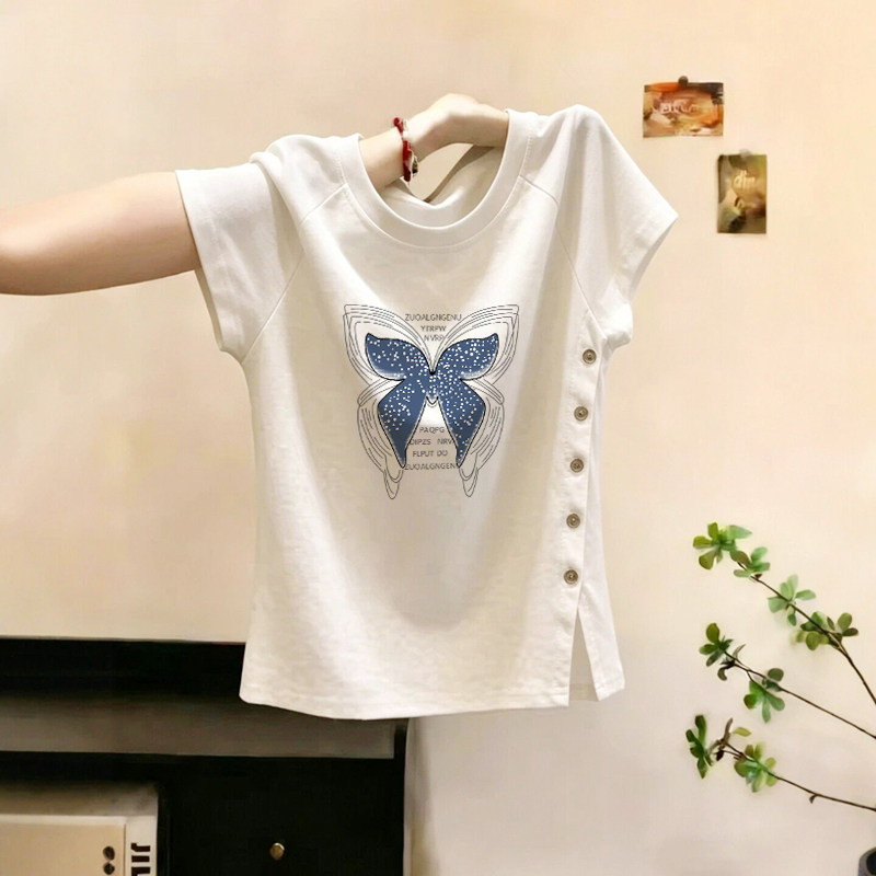 白色正肩圆领短袖t恤女夏季修身显瘦开叉纽扣独特漂亮巨好看上衣