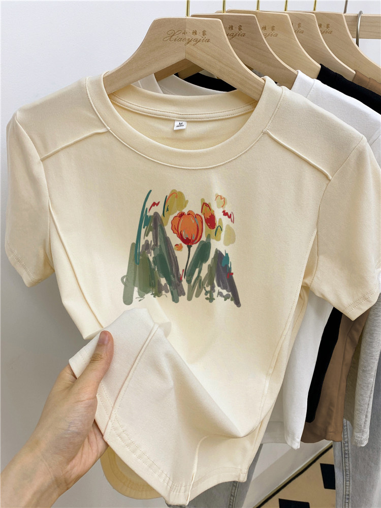 美式复古辣妹印花短款t恤女高弹力螺纹夏季短袖修身显瘦鱼骨上衣