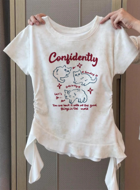 童趣猫咪印花正肩短袖t恤女夏2026新款修身设计感扎染不规则上衣