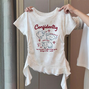 童趣猫咪印花正肩短袖t恤女夏2026新款修身设计感扎染不规则上衣