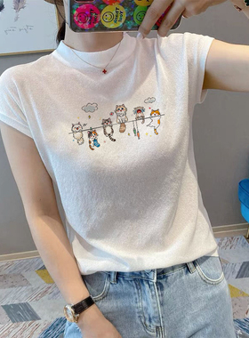 冰丝白色短袖t恤女夏季凉爽薄款设计感小众针织小衫欧货气质上衣