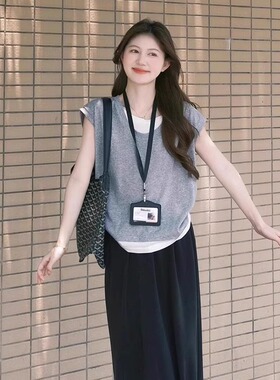 假两件灰色小飞袖正肩短袖t恤女夏季韩系设计感宽松显瘦百搭上衣