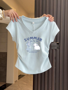 夏季甜辣妹短袖上衣女生蓝色v领小众正肩修身百搭显瘦抽褶短款t恤