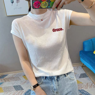 法式半高领短袖t恤女夏季小个子宽松百搭冰丝针织薄款打底衫上衣