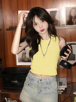 A popular letter-printed top for women, a summer rose red heavy cotton slimming and form-fitting short halter top T-shirt thumbnail 7