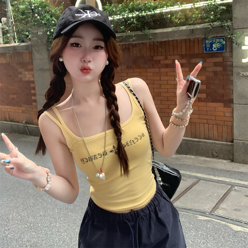 字母刺绣黄色吊带女夏外穿背心带胸垫内搭别致甜辣炸街美式小上衣