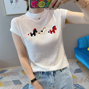 穿搭宽松时尚 t恤女夏季 洋气时髦上衣 冰丝正肩针织短袖 白色小飞袖