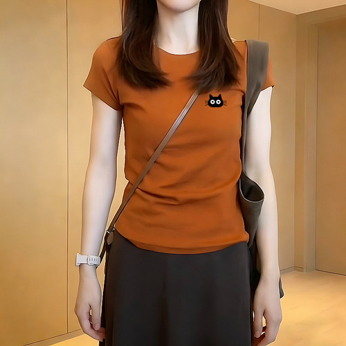 韩系chic正肩南瓜色t恤女短袖