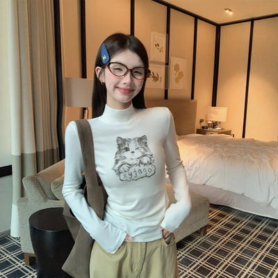 秋冬白色半高领磨毛德绒打底衫女