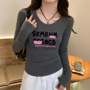 小众设计感t恤衫女款秋冬内搭德绒打底修身短款长袖美式复古上衣