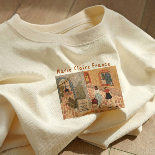 美式复古纯棉正肩t恤女夏季短袖