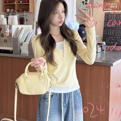 嫩黄色假两件长袖t恤女春秋修身