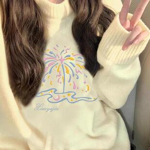 黄色圆领针织上衣女款今年冬季爆款超火套头加绒加厚宽松软糯毛衣