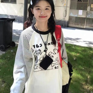 宽松慵懒学院风上衣内搭打底衫 t恤女秋季 长袖 韩系印花条纹插肩袖