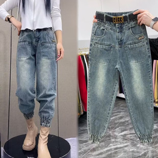 宽松显瘦百搭高腰九分束脚哈伦老爹裤 欧货松紧腰牛仔裤 女春秋新款