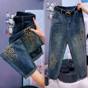 宽松显瘦欧货九分哈伦裤 重工花朵刺绣烫钻牛仔老爹裤 子女2025秋季