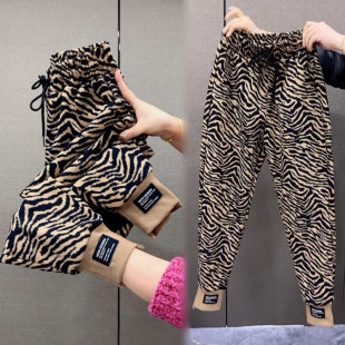 斑马纹厚卫裤 豹纹哈伦裤 女2025秋冬毛呢高腰显瘦九分束脚马丁靴裤