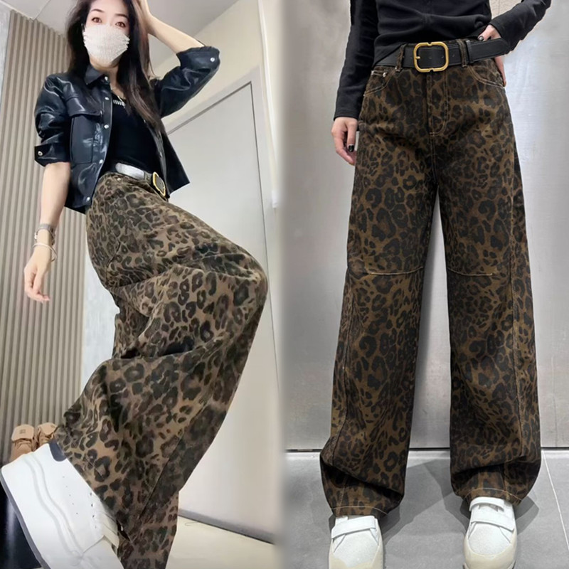 欧货豹纹牛仔阔腿裤女2024秋季高腰宽松显瘦弯刀裤高个子拖地长裤