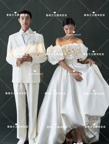 Трехмерное белое корейское свадебное платье для влюбленных, в цветочек, открытые плечи