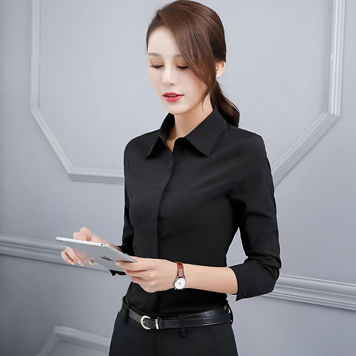 通勤风长袖衬衫女韩版修身职业正装衬衫女黑色显瘦气质百搭工作服
