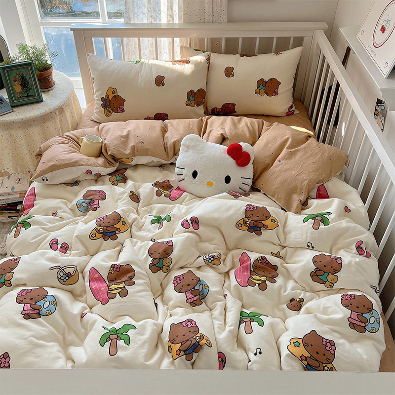 花田小汐 沙滩Kitty 可爱卡通纯棉四件套全棉床单被套宿舍三件套4