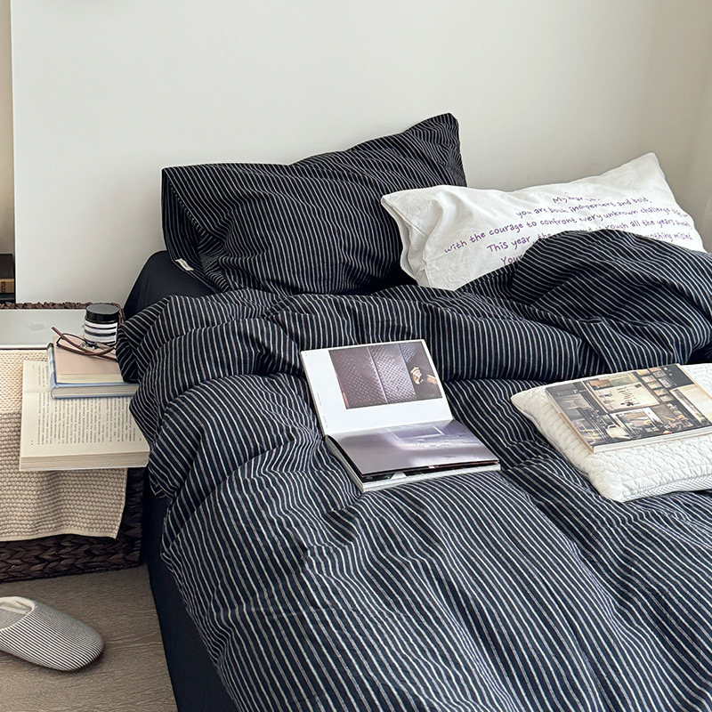 花田小汐 英伦条纹混搭全棉四件套纯棉水洗棉床单被套宿舍三件套4