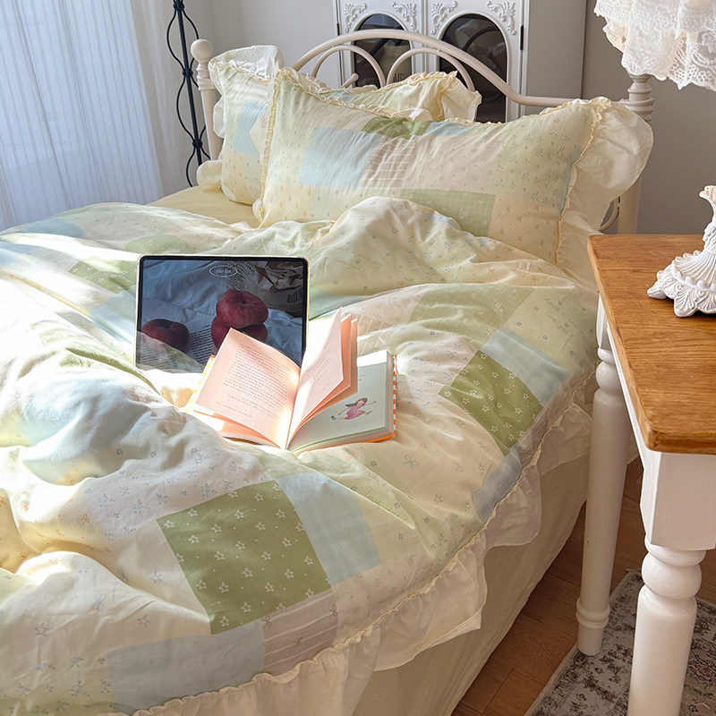 花田小汐 小清新拼布碎花花边纯棉四件套全棉床单被套宿舍三件套4,床上用品,床品套件/四件套/多件套,淘宝优惠券,粉丝福利购,淘宝优惠卷