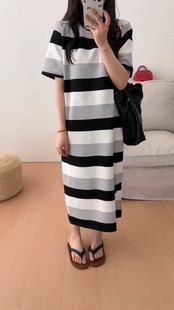 中长款 2024夏天新款 时尚 气质宽松显瘦黑白条纹连衣裙裙子 韩版 法式