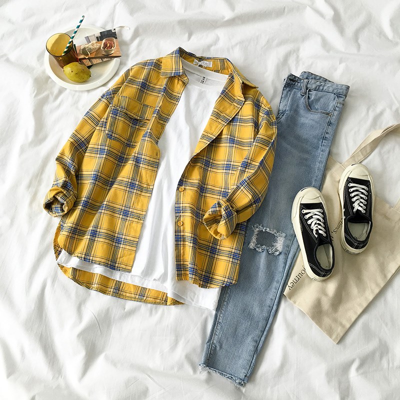 Autumn 2018 new pattern Women's wear Korean Edition Versatile personality Multi-button Harajuku wind Irregular lattice shirt tidein the Women's clothing/Boutique , Shirt  category - from Buy2taobao.com to provide professional Taobao agent buy service