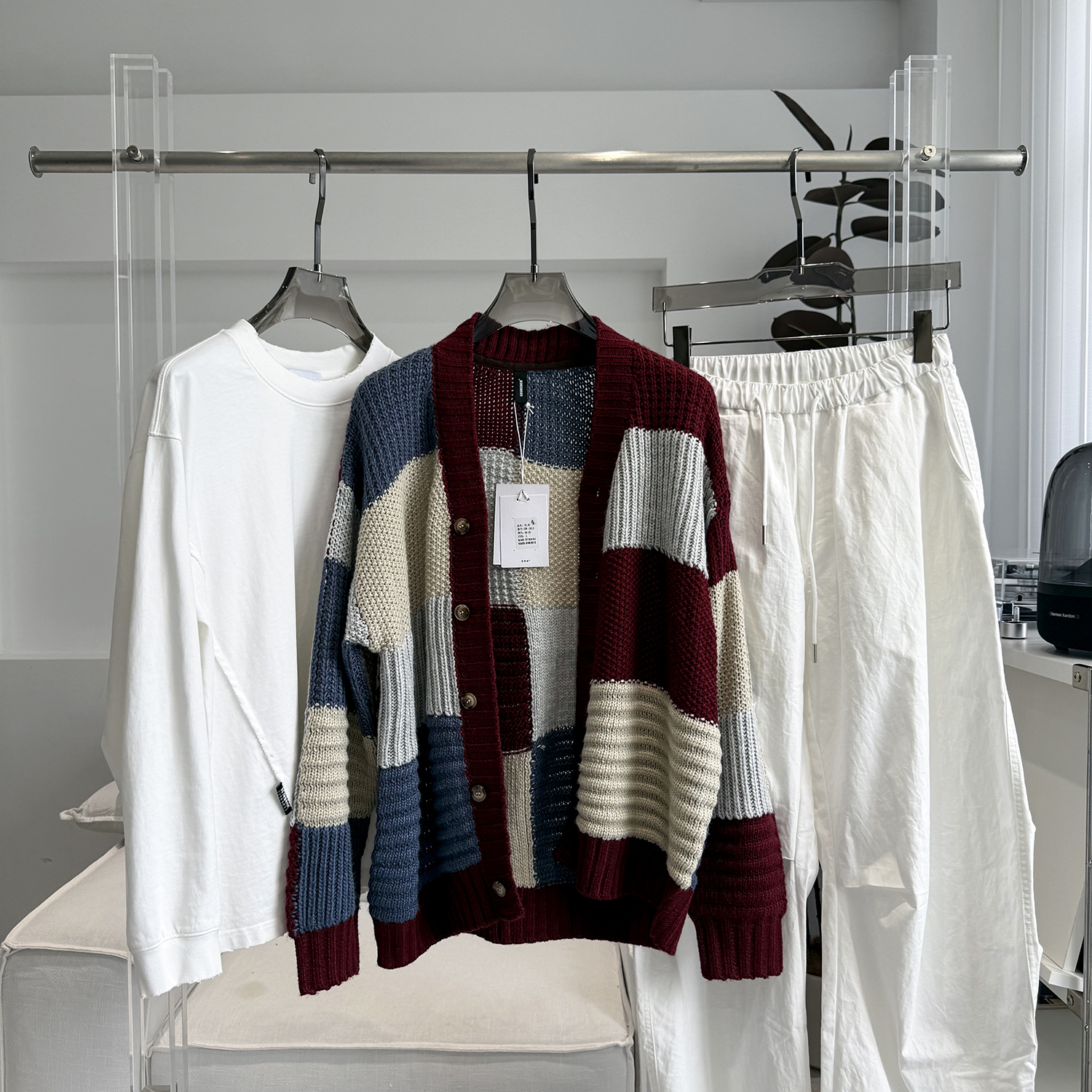 开衫毛衣秋季新款潮流时尚宽松休闲拼色设计情侣款男装针织上衣