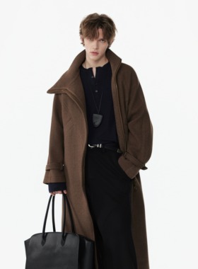 APOECHO   秋冬覆古斜门襟廓形立领拉链款呢子大衣咖色高级感外套