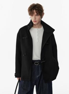 APOECHO   秋冬男士毛呢外套高级感牛角扣立领覆古呢大衣简约上衣