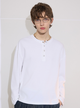 APOECHO 竖条纹肌理感亨利领针织长袖打底上衣男女同款休闲打底衫