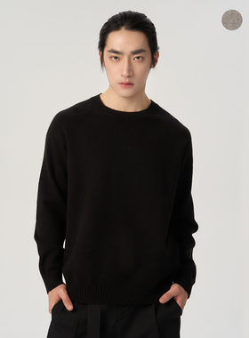APOECHO 冬季新款黑色宽松圆领羊毛衫男士休闲百搭针织衫