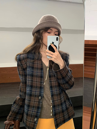SMOL 格子毛呢西装外套女显瘦秋冬新款韩版修身小个子复古上衣