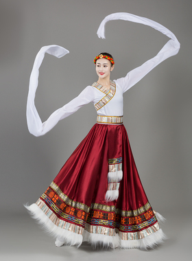 藏族舞蹈裙练习上衣水袖族舞蹈成人演出服练功服艺考舞台大摆裙