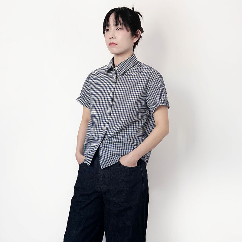 高智感 2026夏季新款纯棉短袖格子衬衫女修身显瘦设计感上衣