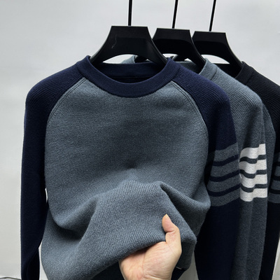 品牌拼色tb毛衣男秋冬季青年潮流男款插肩袖针织衫内搭套头打底衣