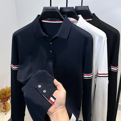 tb品牌polo衫长袖纯棉2025春秋男装翻领休闲长袖t恤纯色开衩上衣