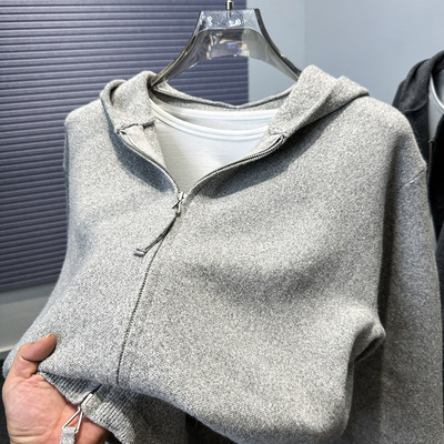 高端双拉链连帽针织开衫男纯色