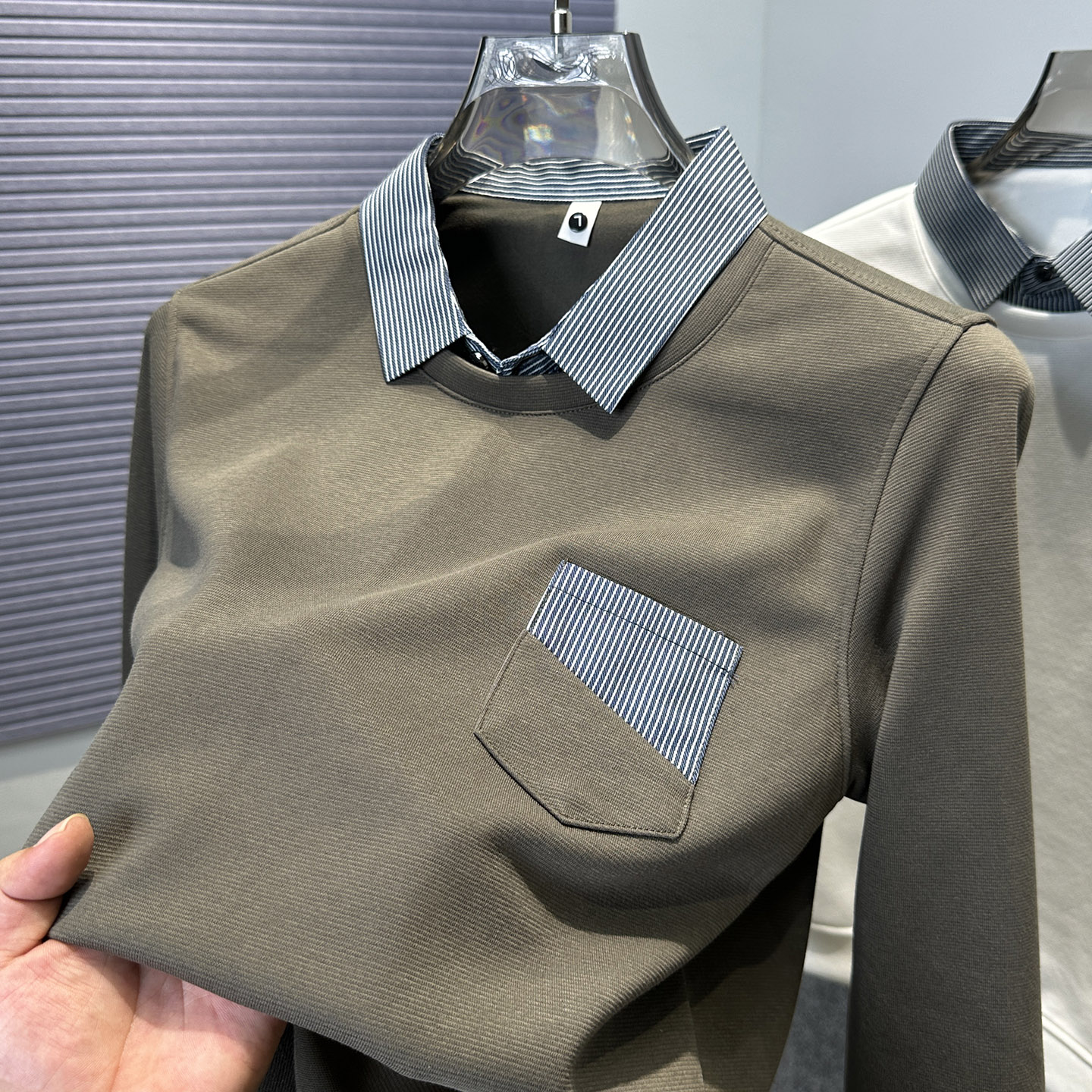 拼接假两件长袖t恤男秋装男款有口袋衬衫领纯色宽松休闲潮流衣服